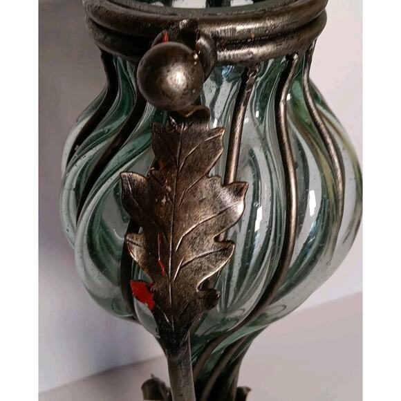 Amphora Vase Hand Blown Caged Green Glass Metal Leaves Stand 14.5" - Picture 4 of 16